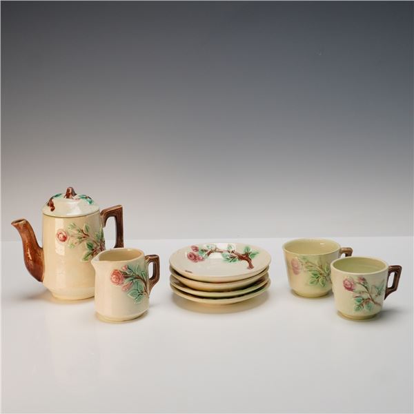 9pc Majolica Rose Design Pottery Child's Tea Set