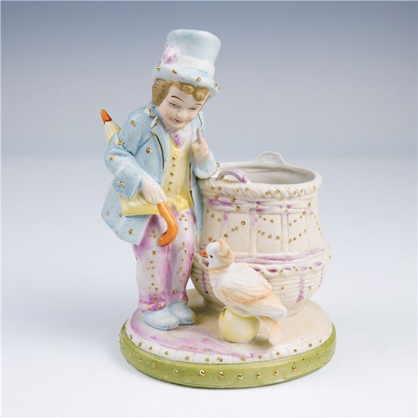 Antique Porcelain Figurine, Spill Vase with Boy with Cockatoo