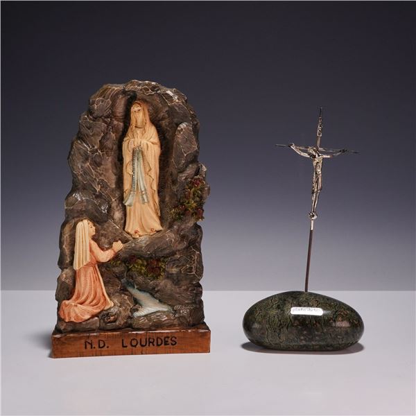2pc Catholic Devotional Objects, Carved Our Lady de Lourdes Figurine and a Silver Crucifix on Stone 