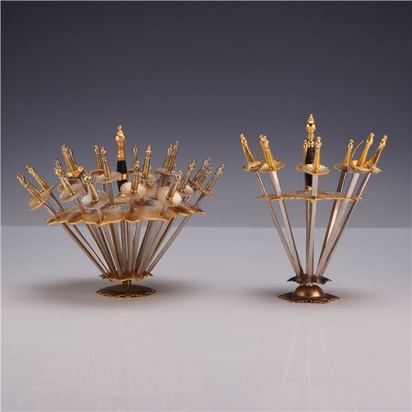 Two Toledo Brass Sword Cocktail Pick Sets with Stands