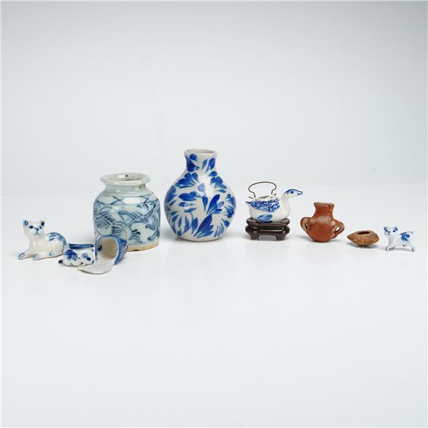 Lot of 10 Porcelain and Pottery Miniatures Including Animal Figures and Vases