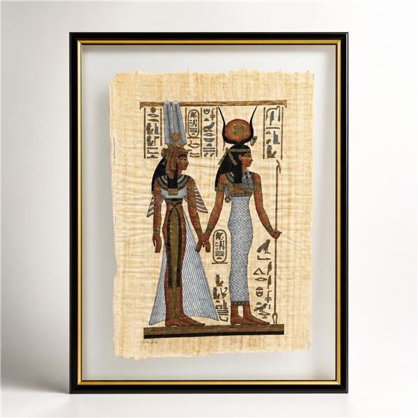 Atef El-Santawy (Egyptian, 20th/21st Century), Gouache on Papyrus of Queen Nefertari and Goddess Hat