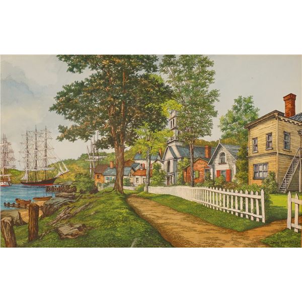 David Taws, Watercolor and Ink Painting, New England Harbor, Signed