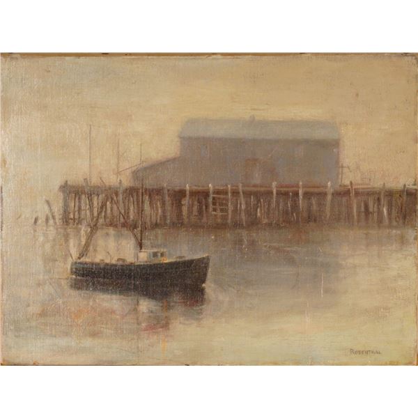 Mid-Century Oil on Canvas Painting, Harbor Scene, Signed Rosenthal