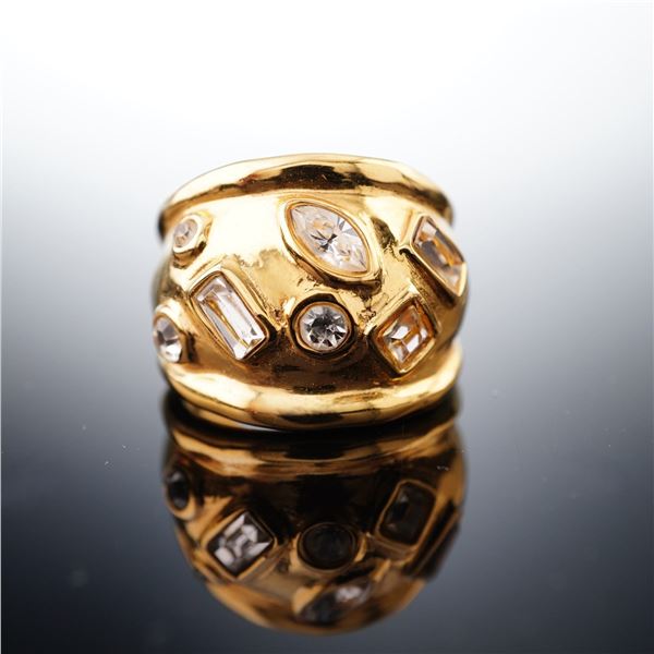 Gold Plated Clear Stone Inlaid Wide Band Ring