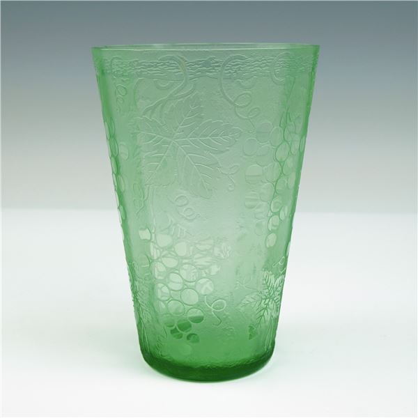 Green Pressed Glass Tumbler with Grape and Vine Decoration