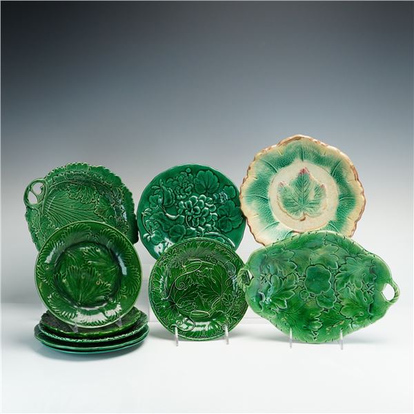 10pc Antique Majolica Green Leaf Theme Tableware