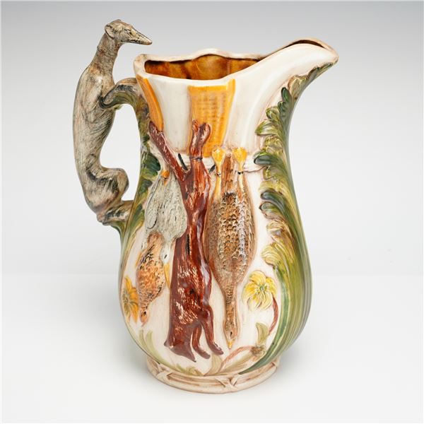 Vintage Hunting Ceramic Pitcher with Greyhound Handle, Signed