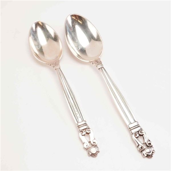 2pc George Jensen Sterling Silver Fruit Spoon and Large Youth Spoon, Acorn