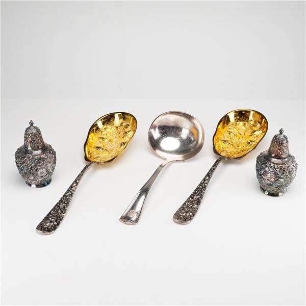 5pc Silver-Plated and Gold-Plated Foliate Motif Serving Utensils and Shaker Set
