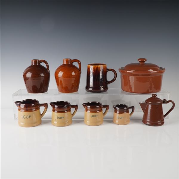 9pc Assorted Brown Glazed Pottery and Metal Kitchenware, Jugs, Casserole