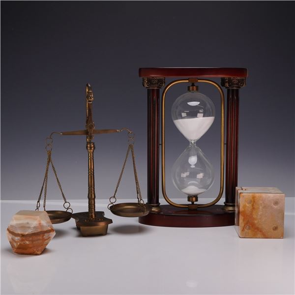 4pc Decorative Desk Set, Brass Balance Scale, Paperweights, and Hourglass