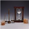 Image 1 : 4pc Decorative Desk Set, Brass Balance Scale, Paperweights, and Hourglass