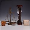 Image 2 : 4pc Decorative Desk Set, Brass Balance Scale, Paperweights, and Hourglass