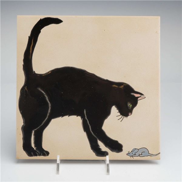 Bert Smith & Marcel Bedova BB Tiles Hand-Painted Tile, Black Cat and Mouse