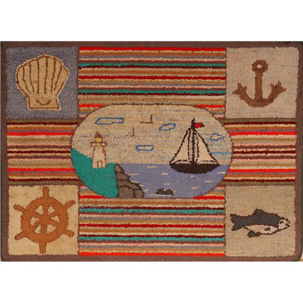 Mid-Century Old Maine Framed Hand-Hooked Rug, Nautical Folk Art Scene
