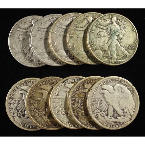 (10) 90% SILVER WALKING LIBERTY HALF DOLLARS