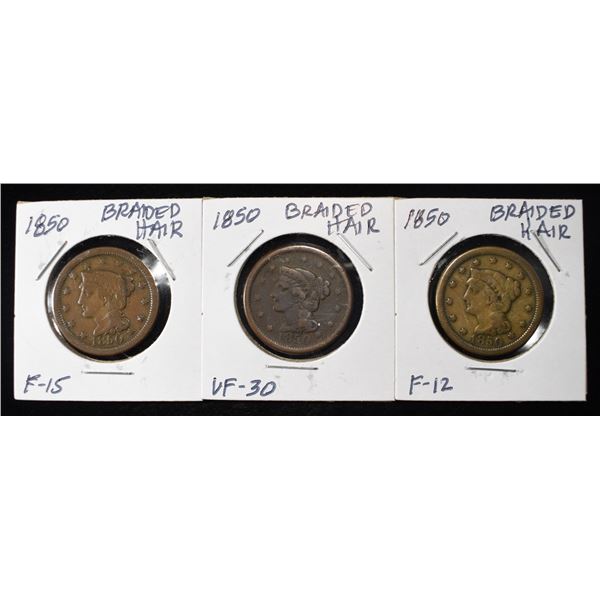 (3) 1850 BRAIDED HAIR CENTS