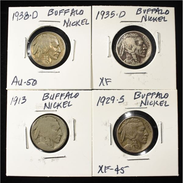 1913, 1929-S, 1935-D, & 1938-D BUFFALO NICKELS