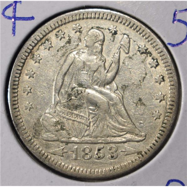 1853 LIBERTY SEATED QUARTER WITH ARROWS AND RAYS