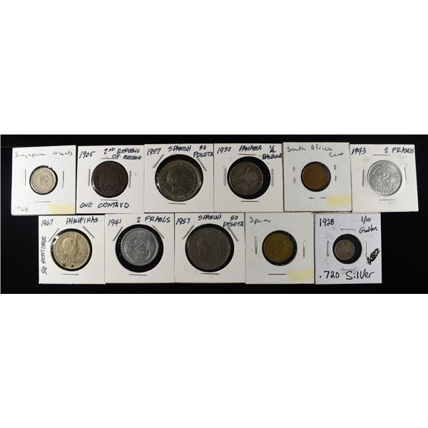 (11) MIXED FOREIGN COINS WITH SOME SILVER