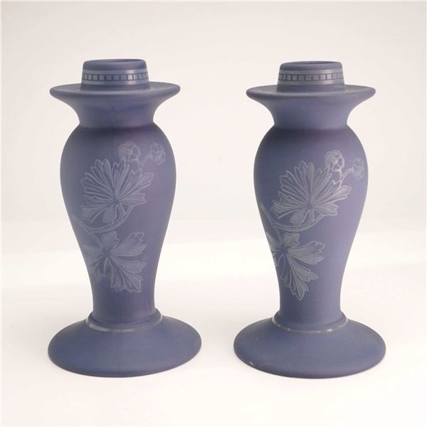 Pair of Wedgwood Interiors Collection Blue Jasperware-Style Candlestick Holders