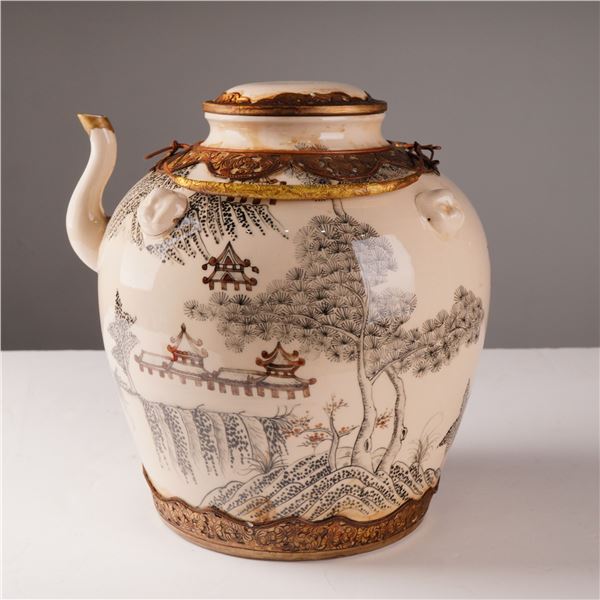 Large Gilt-Mounted Ceramic Lidded Kettle with Asian Landscape