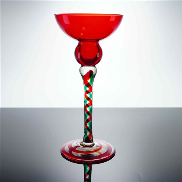 Polish Art Glass Red and Green Spiral Candlestick Holder