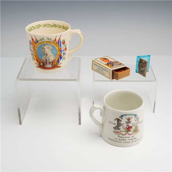 4pc British Royal George VI and Queen Elizabeth Commemorative Cups, Trinket Box & Matchbox