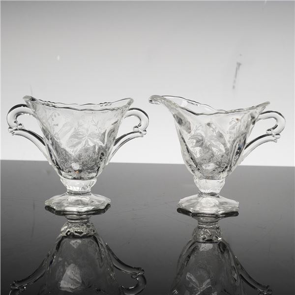 2 Pc Heisey Etched Clear Glass Footed Creamer and Sugar Bowl, Orchid