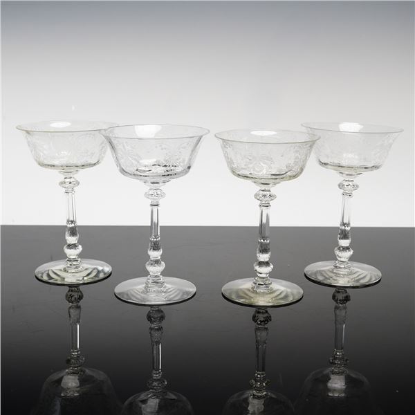 4pc Heisey Orchid Pattern Etched Crystal Champagne Coupes