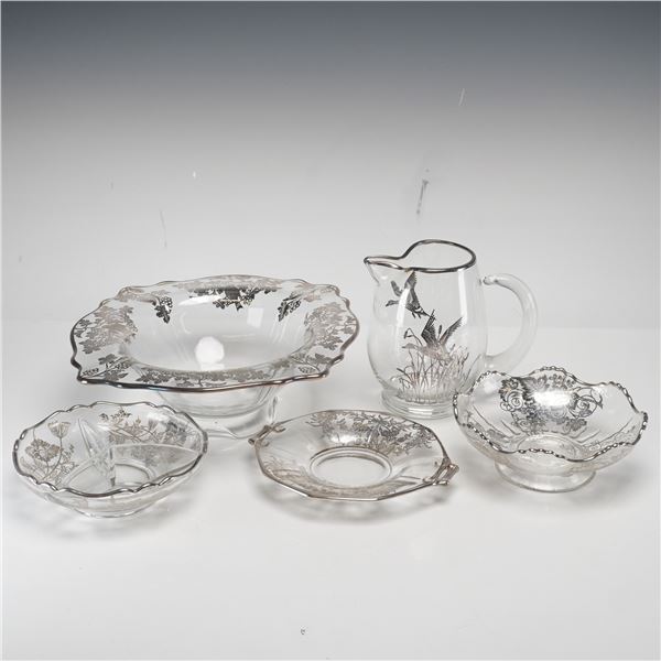 Assortment of Five American Silver Overlay Glass Tableware Items Including Flanders Pattern