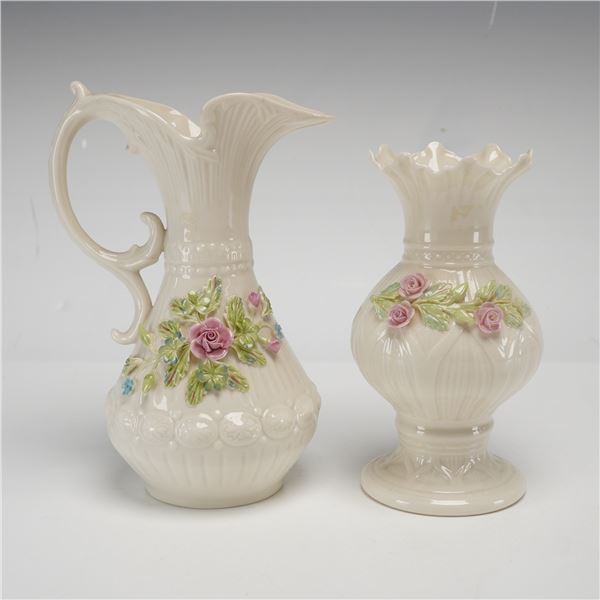 Two Belleek Parian Porcelain Floral Encrusted Vessels including Aberdeen Pitcher