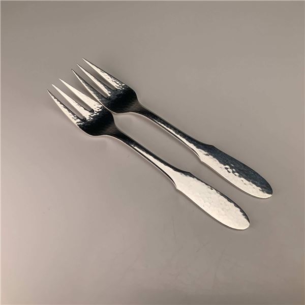 A Pair of Georg Jensen Denmark EPNS Mermaid Pattern Hammered Fish Forks