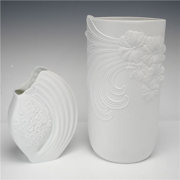 Two Piece Kaiser Germany White Bisque Porcelain Floral Relief Vases by Manfred Frey