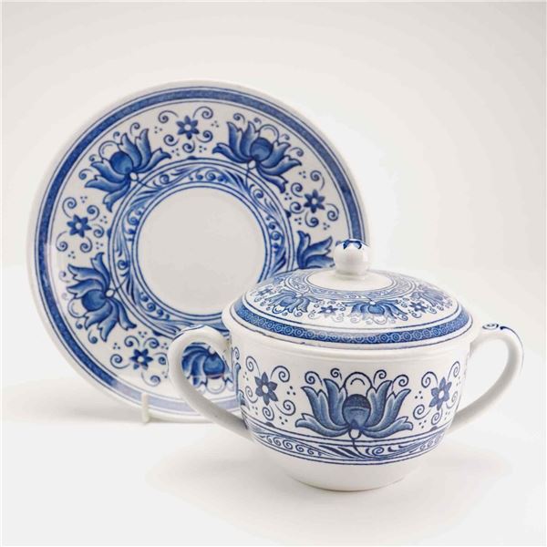 Wedgwood Magnolia Pattern Cup with Handles, Lid, and Saucer