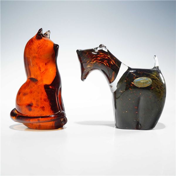 Two Wedgwood Art Glass Animal Figurines, Cat and Dog