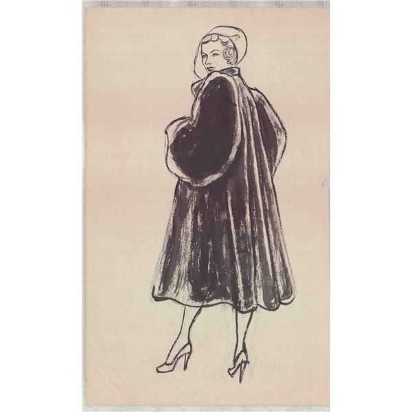 Wayne Hall American Original Drawing Illustration Woman in Fur Coat