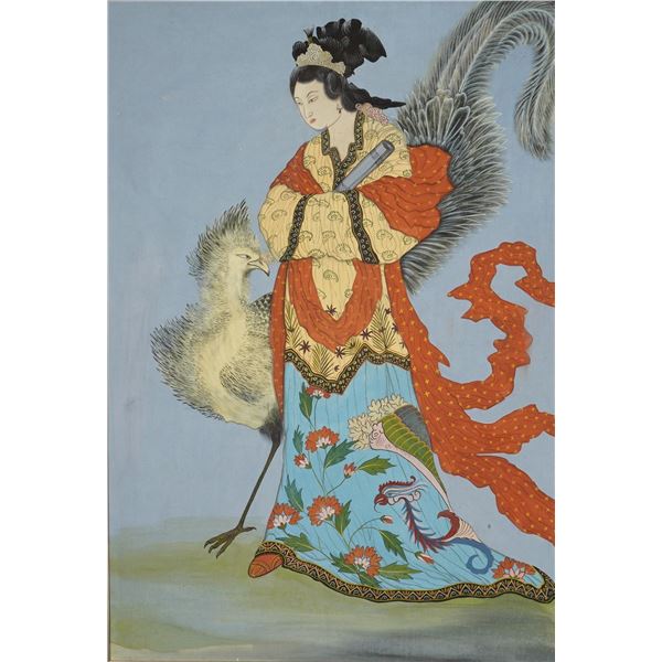 Painting on Cloth & Board, Asian Noblewoman Portrait w/ Majestic Bird