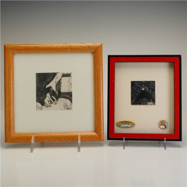 2pc Rafael Aleph Framed Acrylic and Etched Artworks