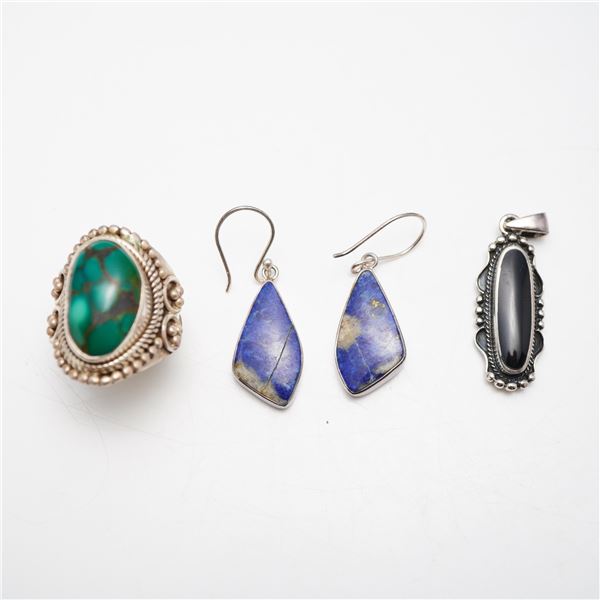 4pc Sterling Silver Gemstone Jewelry- Pair of Earrings, Pendant, & Ring
