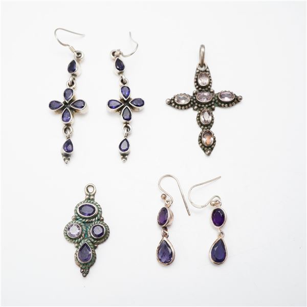 6pc Sterling Silver and Amethyst Jewelry Collection with Two Pairs of Earrings and Pendants