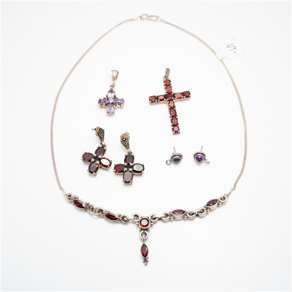 7-Piece Collection of Sterling Silver and Gemstone Jewelry Including Pendants and Earrings