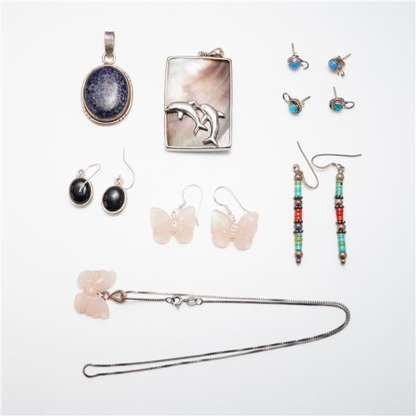 13pc Sterling Silver and Multi-Gemstone Jewelry: 5 Pairs of Earrings, 2 Pendants, and 1 Necklace