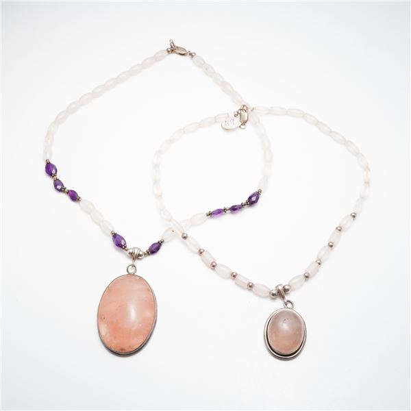 Two Sterling Silver and Rose Quartz Beaded Gemstone Necklaces