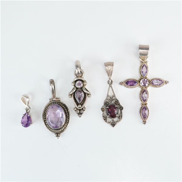 5pc Lot of Sterling Silver Pendants with Gemstones