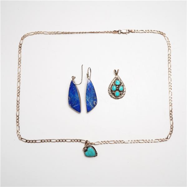 Four Piece Collection of Sterling Silver, Turquoise, and Lapis Lazuli Jewelry