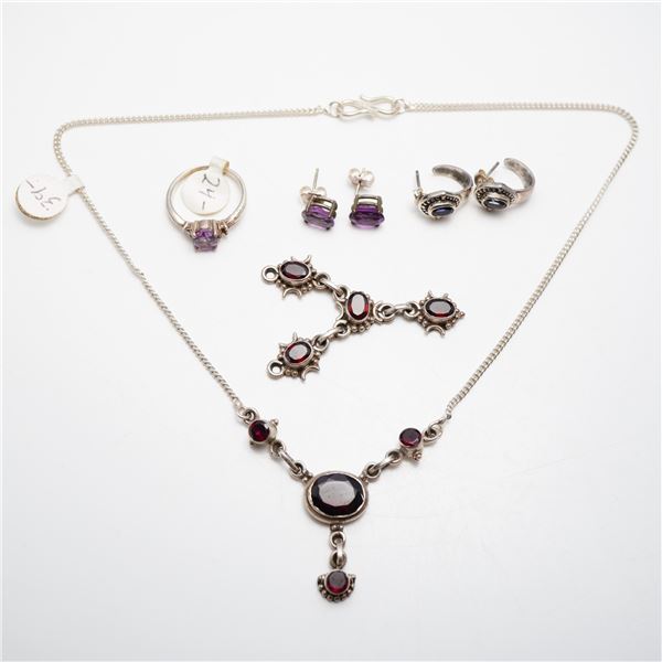 7pc Sterling Silver Amethyst and Garnet Jewelry Set