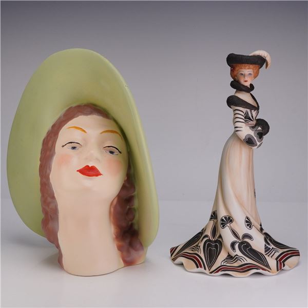 2pc Lady Figurines Including Lenox Tea At The Ritz & Vintage Ceramic Head Wall Pocket