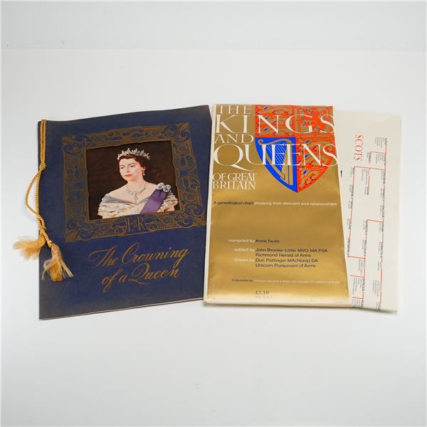 2pc English Royal Ephemera: The Kings and Queens of Great Britain Genealogical Chart and The Crownin